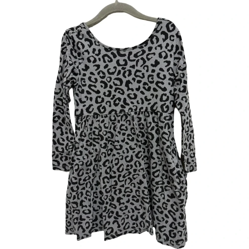 Old Navy Girls Leopard Print Dress Size 6-7 Gray Black Long Sleeve Skater Dress
